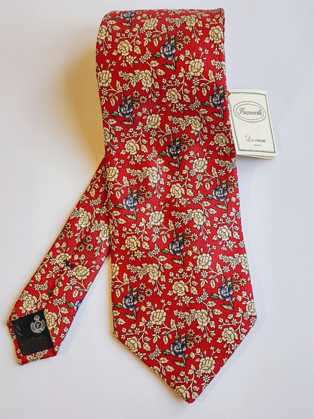 NWT Faconnable Silk Neck Tie HandMade France Red/Gold/Blue Classic Contemporary